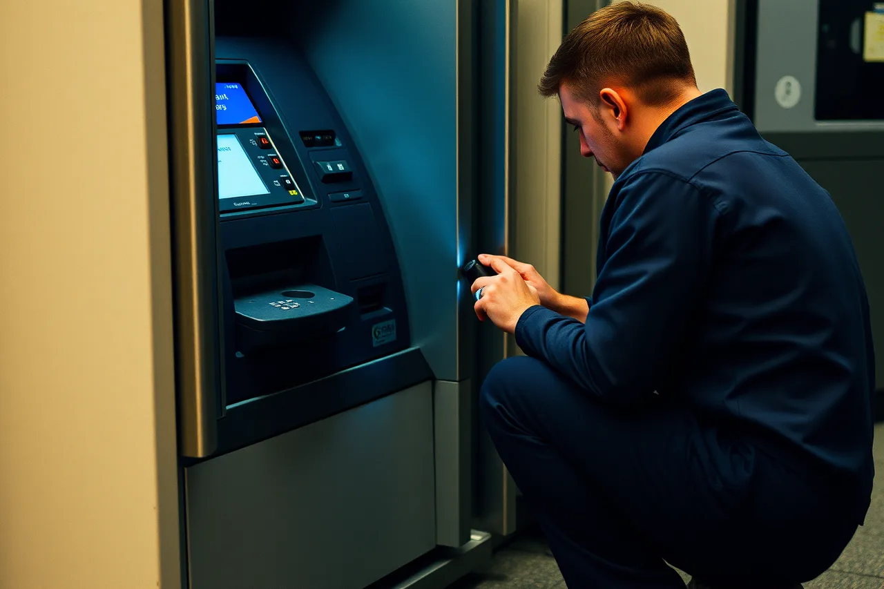 Technician inspecting ATM card slot and fascia from customer position (How to keep an ATM route safe from theft and tampering)