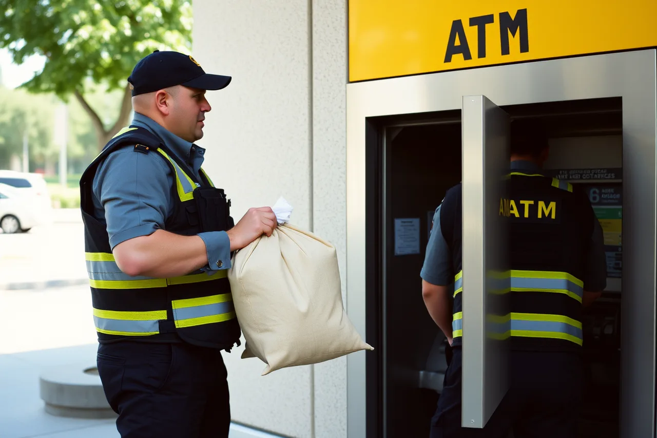 Armored car crew loading a sealed cash bag into an ATM (Working with US armoured car services for ATM cash in transit)